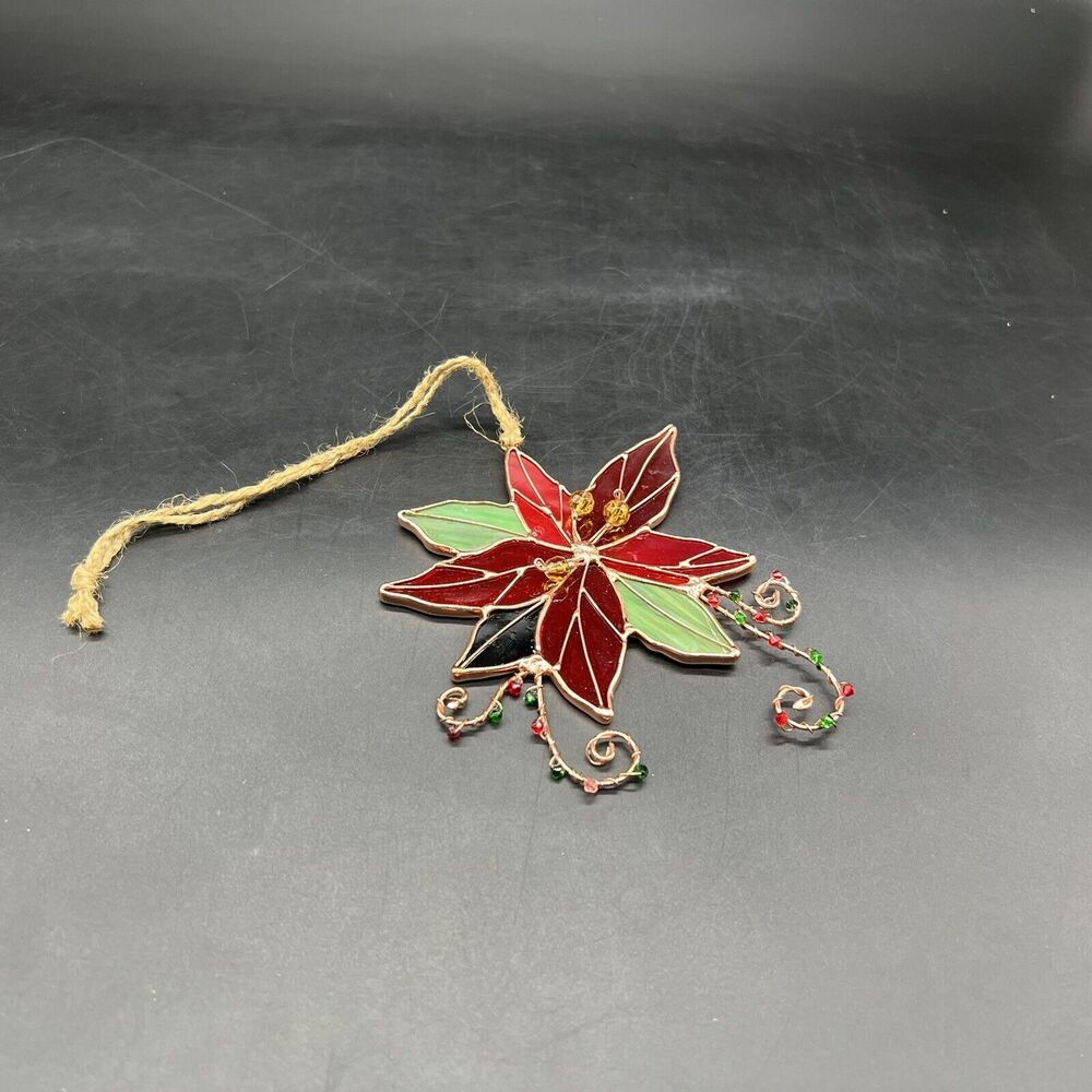 Stained Glass Poinsettia Flower 5” Ornament Suncatcher Metal Beaded Accents